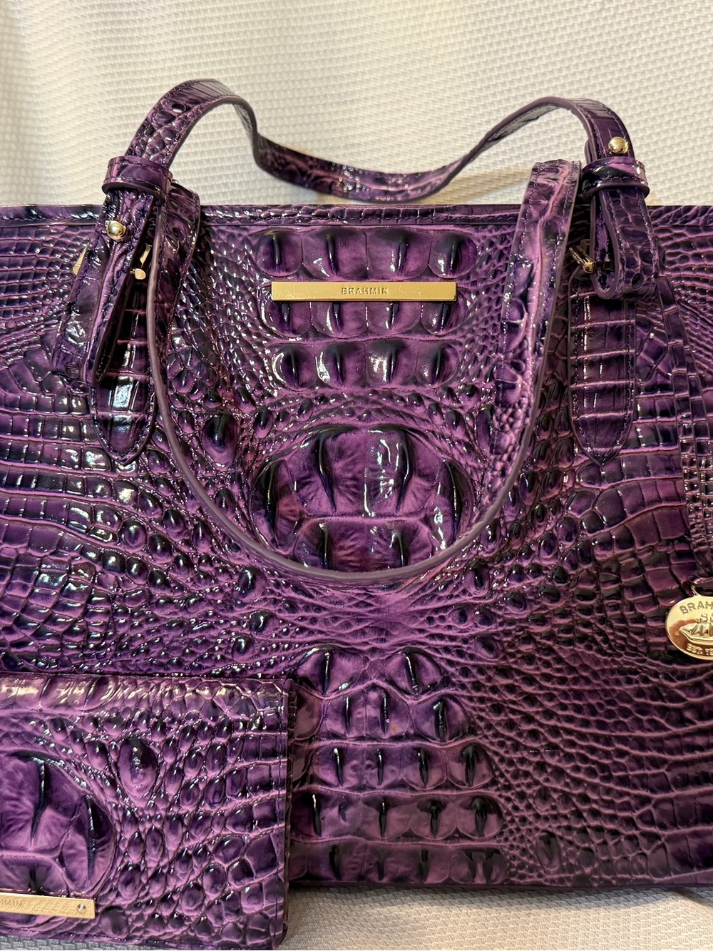 Brahmin Medium Asher Tote & Matching Wallet Set Purple Melbourne Croc Embossed